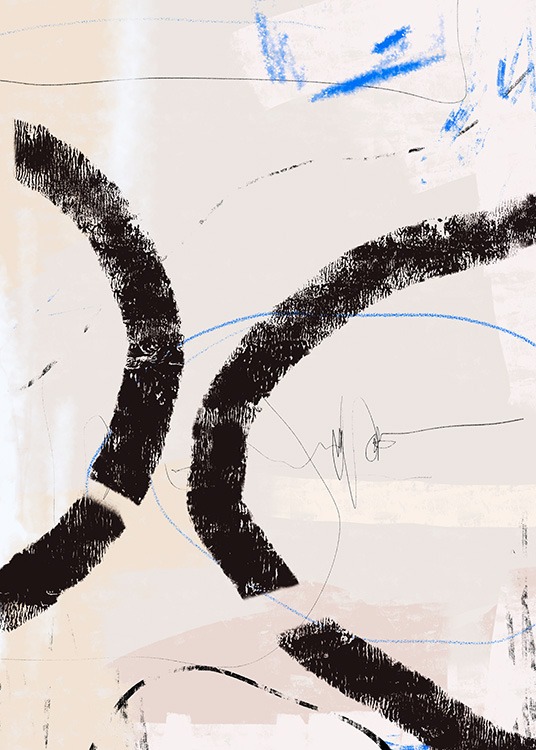  – Maleri med tykke, abstrakte linjer i blått og svart mot en beige bakgrunn med malt struktur
