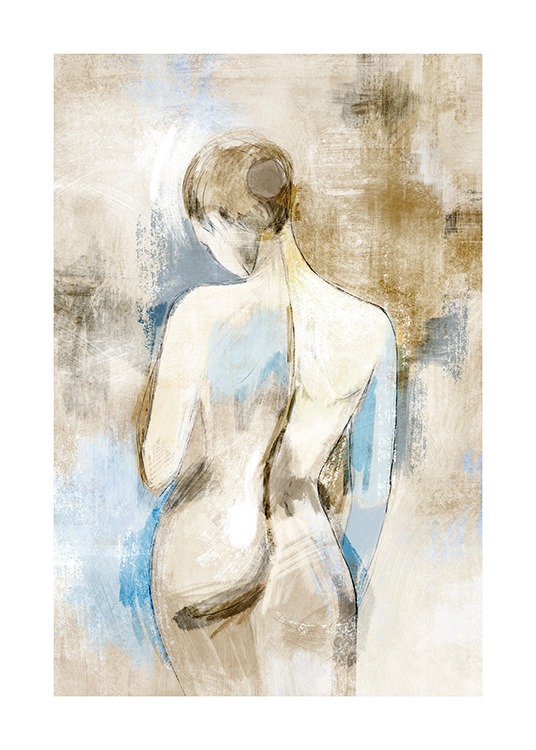  – Maleri av en naken kvinne sett bakfra, mot en blå og beige bakgrunn