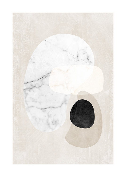  – Grafisk illustrasjon med abstrakte marmorformer i hvitt, svart og beige mot en beige bakgrunn