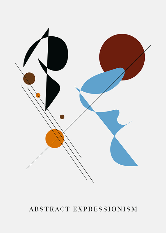  – Grafiske illustrasjoner med linjer og abstrakte former i brunt, blått og svart mot en lysegrå bakgrunn