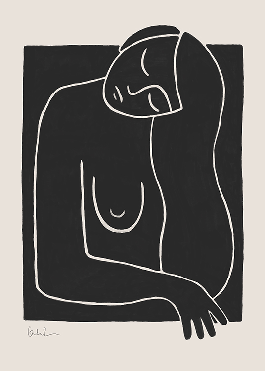 – Grafisk illustrasjon i line art av en naken kvinnes overkropp tegnet i svart og hvitt mot en beige bakgrunn
