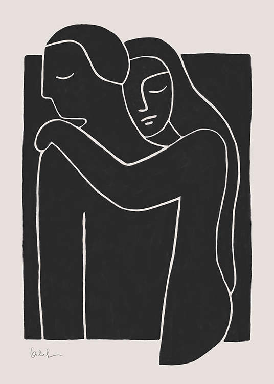  – Grafisk illustrasjon med to mennesker som omfavner hverandre, tegnet i hvitt, fylt med svart, mot en beige bakgrunn