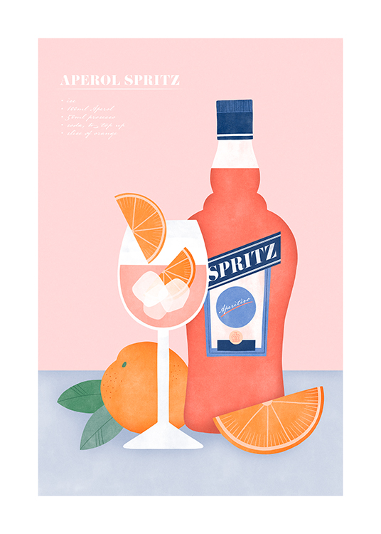  – Grafisk illustrasjon av en Aperol Spritz og appelsiner mot en blå og rosa bakgrunn med en oppskrift øverst