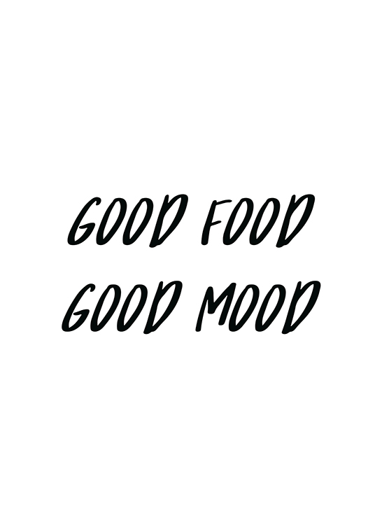  – Teksten «Good food Good mood» i svart, tykk skrift mot en hvit bakgrunn