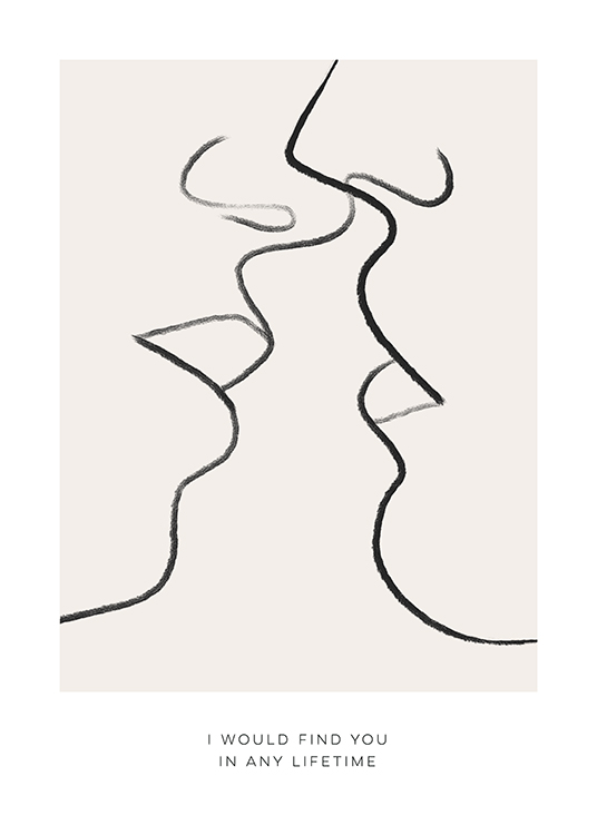  – Line art-illustrasjon av to ansikter som nesten kysser, i svart mot en beige bakgrunn, med tekst under