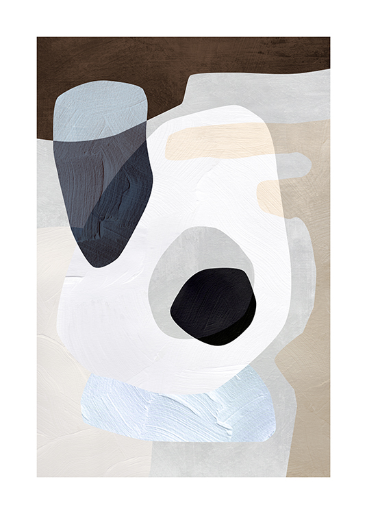  – Maleri med abstrakte former i grått, beige, blått og hvitt med penselstrøkstruktur