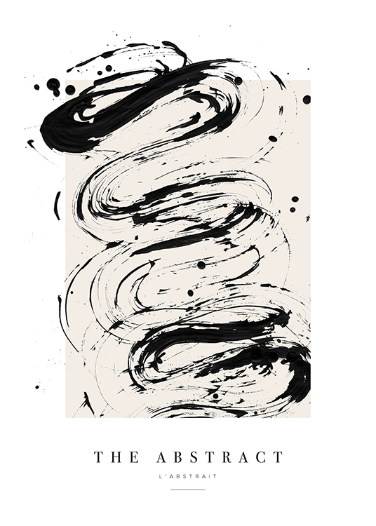  – Maleri med abstrakte malingsflekker i svart mot en beige bakgrunn, med tekst under