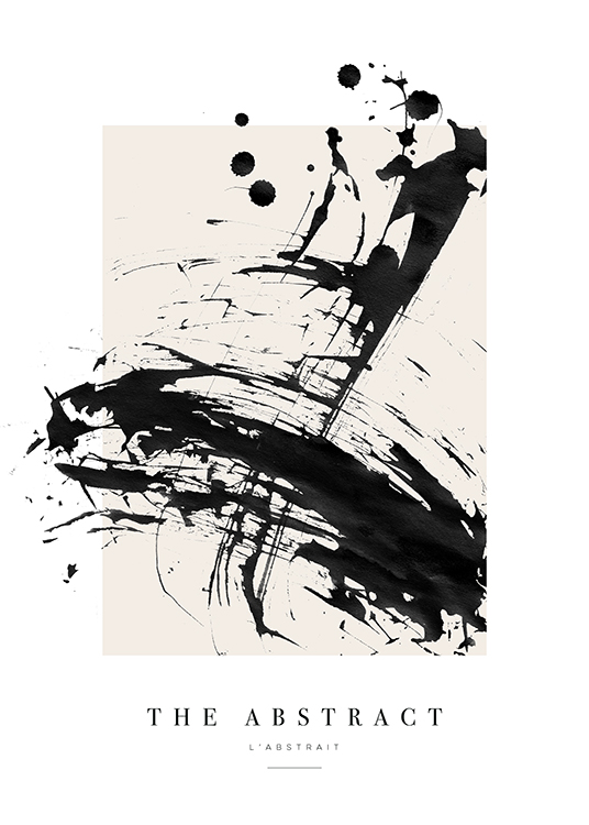  – Maleri med abstrakte, svarte malingsflekker mot en beige bakgrunn, med tekst nederst