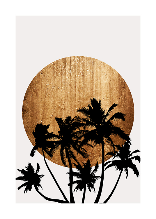  – Grafisk illustrasjon av en stor, gyllen sol bak svarte palmer