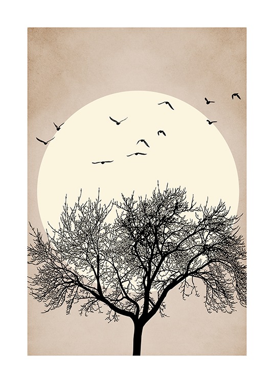  – Grafisk illustrasjon av et stort, svart tre, med fugler over og en gul sol i bakgrunnen