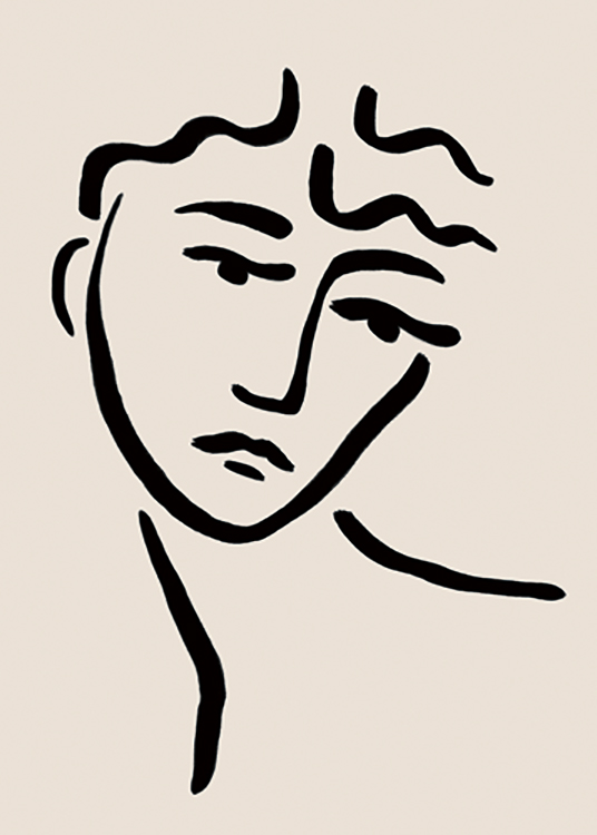  – Illustrasjon med et ansikt tegnet i svart line art, med tykke linjer mot en beige bakgrunn