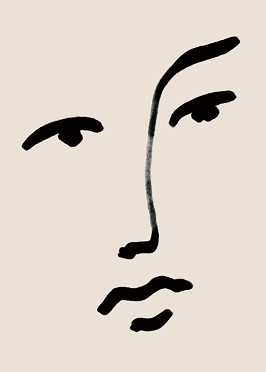  – Illustrasjon av øyne, en nese og lepper i svart line art mot en beige bakgrunn