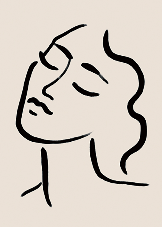  – Illustrasjon av en kvinne tegnet i svart line art, med lukkede øyne, mot en beige bakgrunn