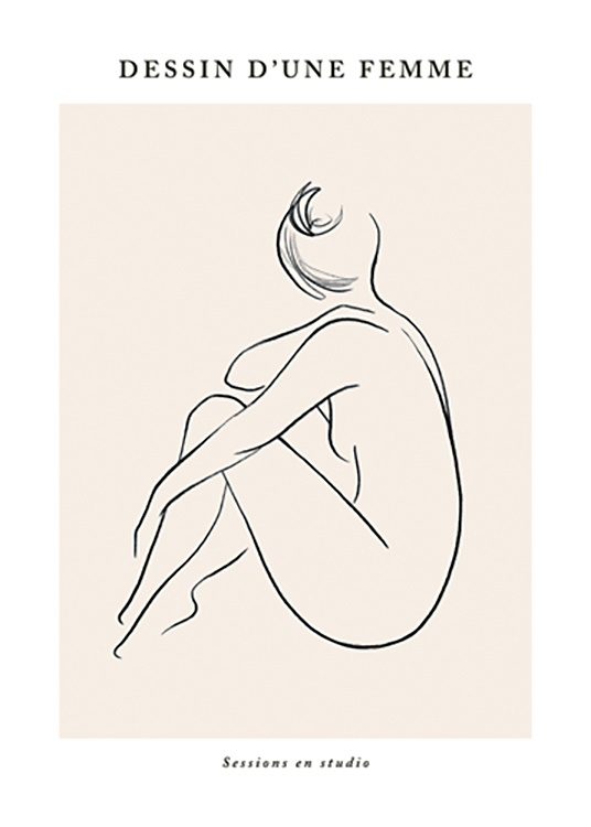  – Line art-illustrasjon av en naken kvinne som sitter med beina opp, med tekst over og under