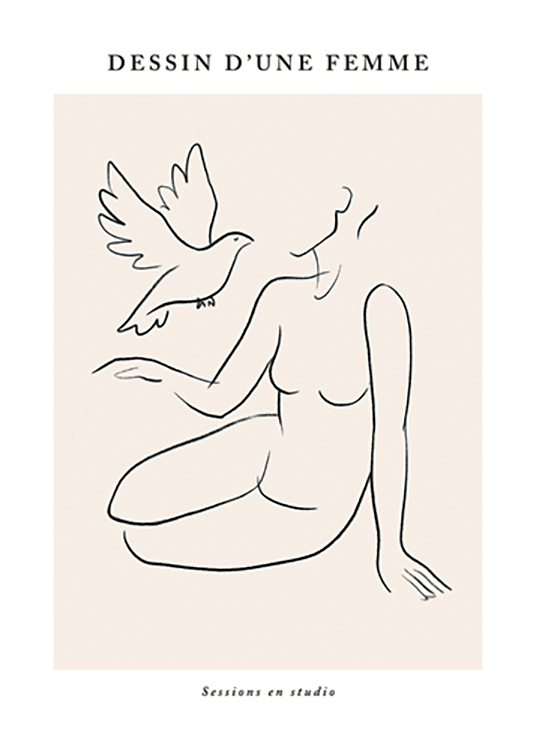 – Line art-illustrasjon av en kvinne som sitter, og en due, med tekst over og under