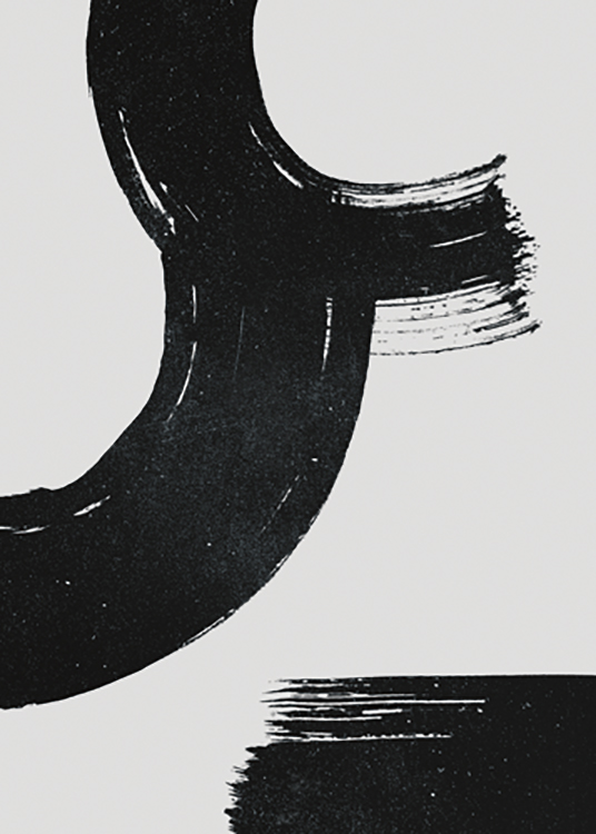  – Abstrakt maleri med svarte, tykke penselstrøk med hvite prikker, mot en grå bakgrunn