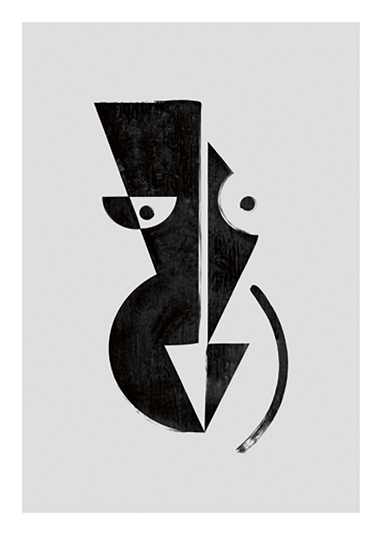  – Grafisk illustrasjon med en svart, abstrakt kropp laget av geometriske former mot en grå bakgrunn