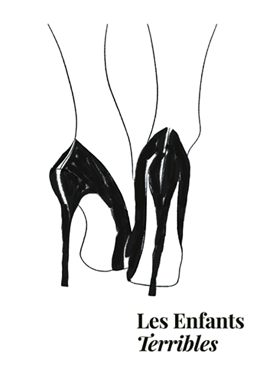  – Illustrasjon med teksten «Les Enfants Terribles» og svarte høyhælte sko mot en hvit bakgrunn