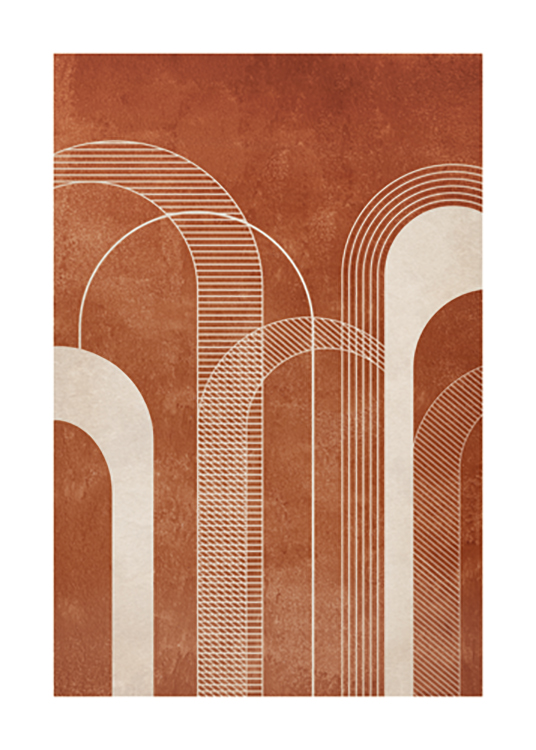  – Grafisk illustrasjon med lys beige buer med linjer, mot en spettete terrakottabakgrunn