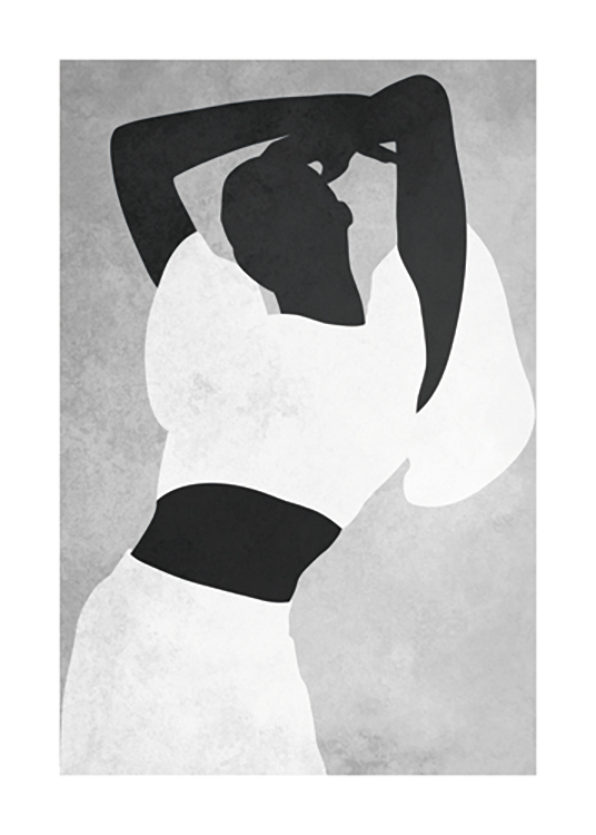  – Grafisk illustrasjon av en kvinne iført hvite klær, med armene over hodet, mot en grå bakgrunn