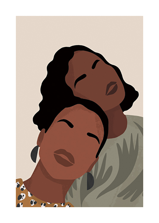  – Grafisk illustrasjon av to kvinner iført mønstrede topper og med svart hår, som lener seg mot hverandre