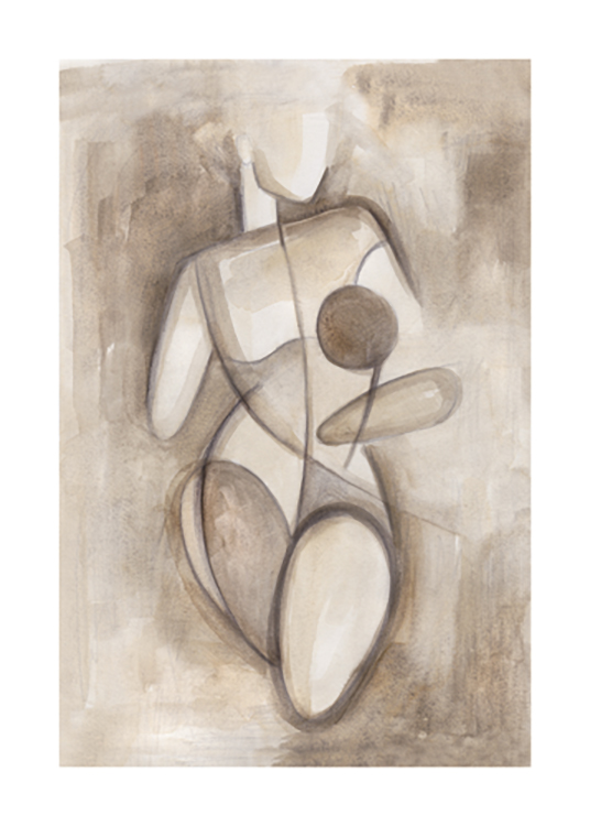  – Akvarellskisse i beite og brunt av en naken kvinnekropp, tegnet med blokker