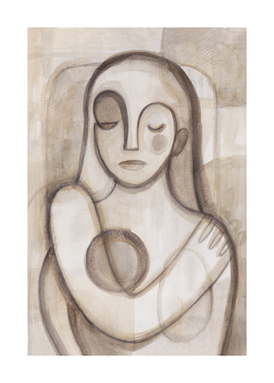  – Skisse av en abstrakt kvinne med lukkede øyne, i brun og beige akvarell