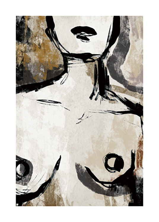  – Illustrasjon av et nakent kvinnebryst og nakke i beige og svart mot en brun og beige bakgrunn