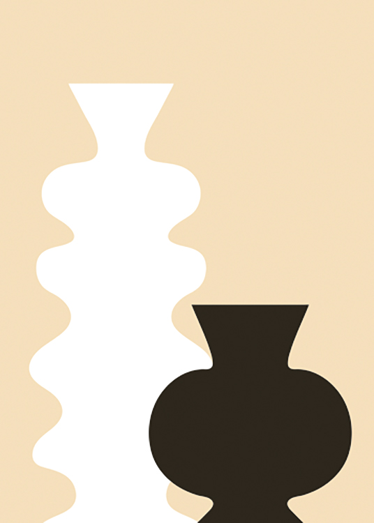  – Grafisk illustrasjon av to svarte og hvite vaser med buet silhuett, mot en gul bakgrunn