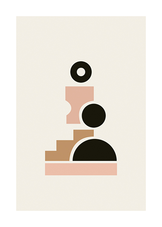  – Grafisk illustrasjon av geometriske former i svart, brunt og rosa som danner en figur mot en lys beige bakgrunn