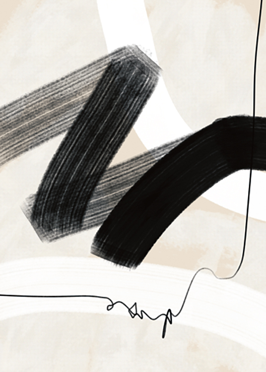  – Grafisk illustrasjon med abstrakte penselstrøk og linjer i svart og hvitt mot en lys beige bakgrunn