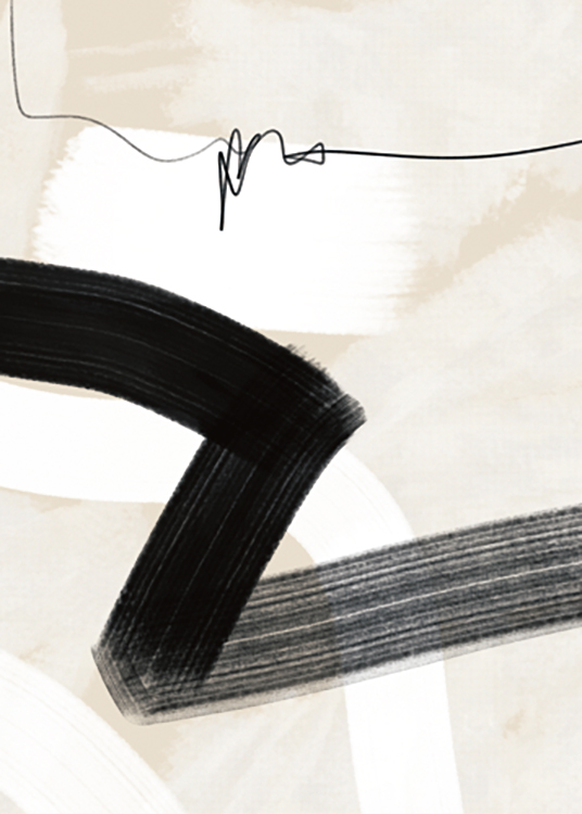  – Grafisk illustrasjon med svarte og hvite penselstrøk og en svart linje mot en lys beige bakgrunn
