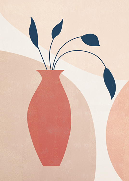  – Grafisk illustrasjon av en rød, høy potte med blader, mot en beige bakgrunn med store former