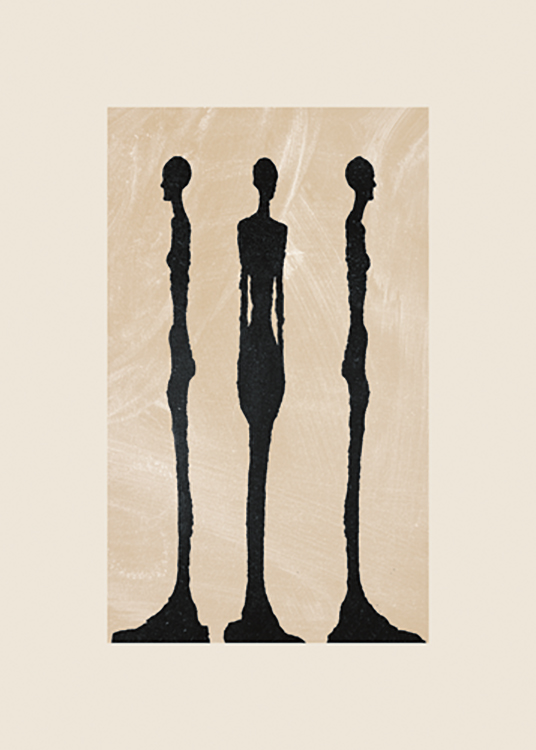  – Grafisk illustrasjon med tre svarte skulpturer ved siden av hverandre mot en beige bakgrunn