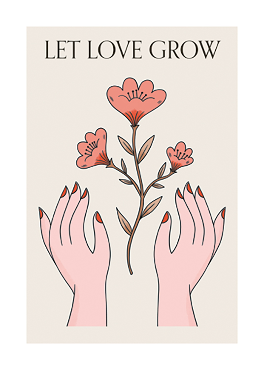  – Grafisk illustrasjon av røde blomster i to hender mot en beige bakgrunn, med tekst over