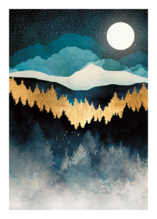  – Grafisk illustrasjon av en skog med gylne og blå trær og en måne og stjerner i bakgrunnen