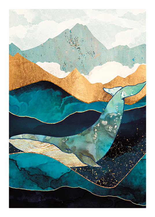  – Grafisk illustrasjon av en hval i gull og blått, omgitt av bølger i blått og gull