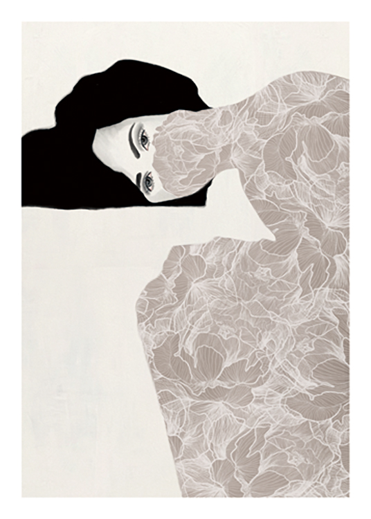  – Tegning av en kvinne med munn og kropp dekket av et hvitt blomstermønster mot en beige bakgrunn