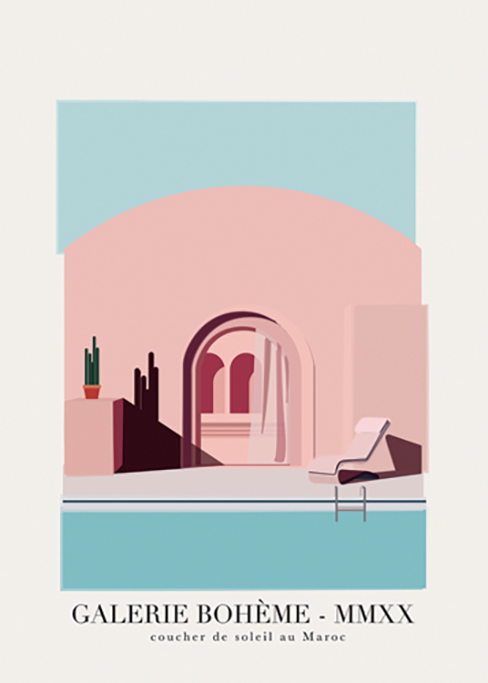  – Grafisk illustrasjon av et basseng foran et rosa hus, med tekst nederst