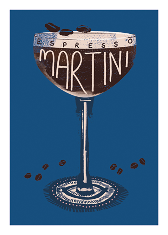  – Grafisk illustrasjon av et drinkglass med en espresso martini mot en blå bakgrunn