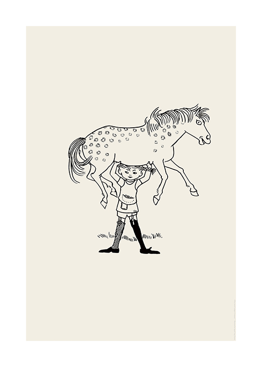  – Illustrasjon av Pippi Langstrømpe som holder hesten sin over hodet, tegnet i svart 