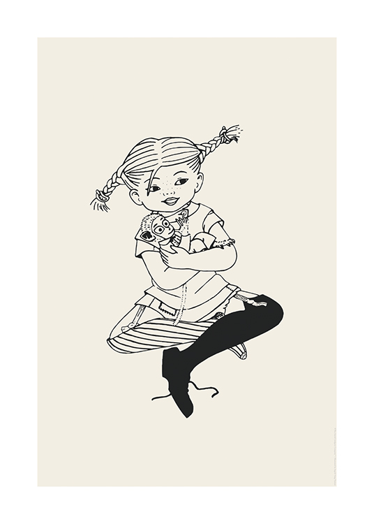  – Illustrasjon av Pippi Langstrømpe som sitter med beina i kors og med apekatten sin i armene