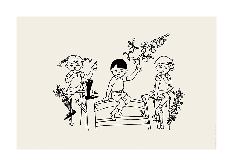  – Illustrasjon av Pippi Langstrømpe, Tommy og Annika som sitter på et gjerde med blader