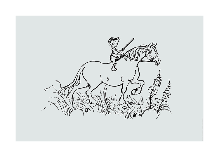  – Svart illustrasjon av Emil fra Lønneberget som rir på hesten sin, med gress og blomster nederst