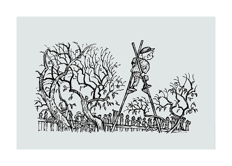  – Svart illustrasjon av Emil fra Lønneberget som går på stylter, med et gjerde og trær rundt