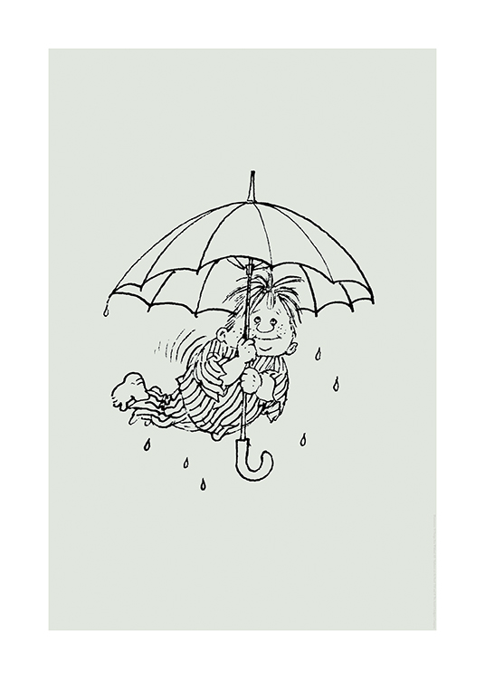  – Illustrasjon av Karlson på taket som flyr med en paraply, iført en stripete pyjamas