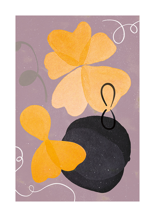  – Abstrakt illustrasjon med gule og svarte blomster mot en lilla bakgrunn