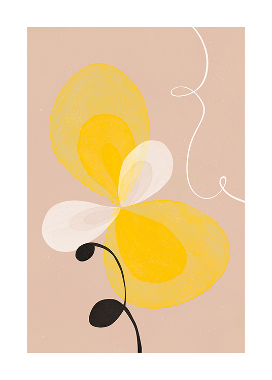  – Illustrasjon med en gul og hvit abstrakt blomst mot en beige bakgrunn