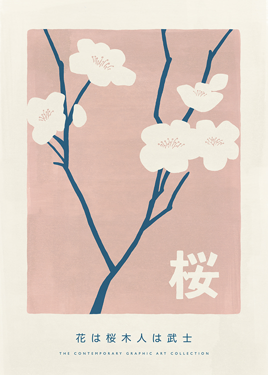  – Illustrasjoner med blomster i lys beige på blå stilker mot en rosa bakgrunn, med tekst under