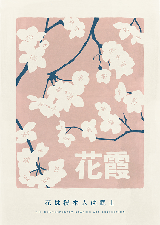 – Illustrasjon av lysebeige blomster med blå stilker mot en rosa bakgrunn, med tekst nederst